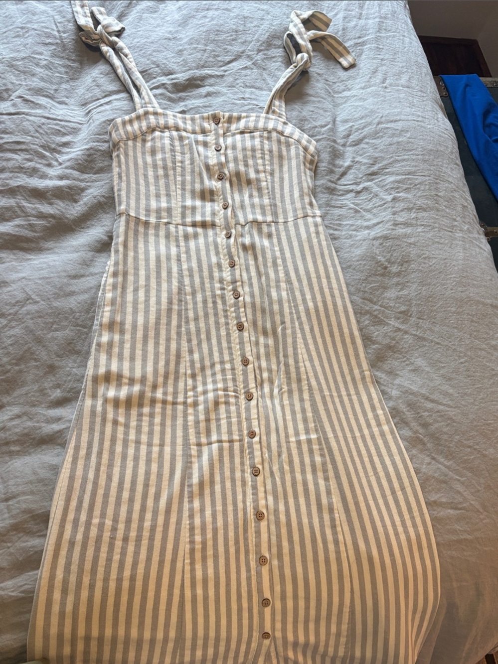 Striped Tie-Shoulder Midi Dress in Beige and White